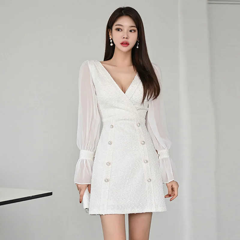 

Clothing Garden New 2024 Spring/Summer New Style V-Neck Spliced Flare Bubble Sleeves Wrapped Waist For Slim And Small Dress