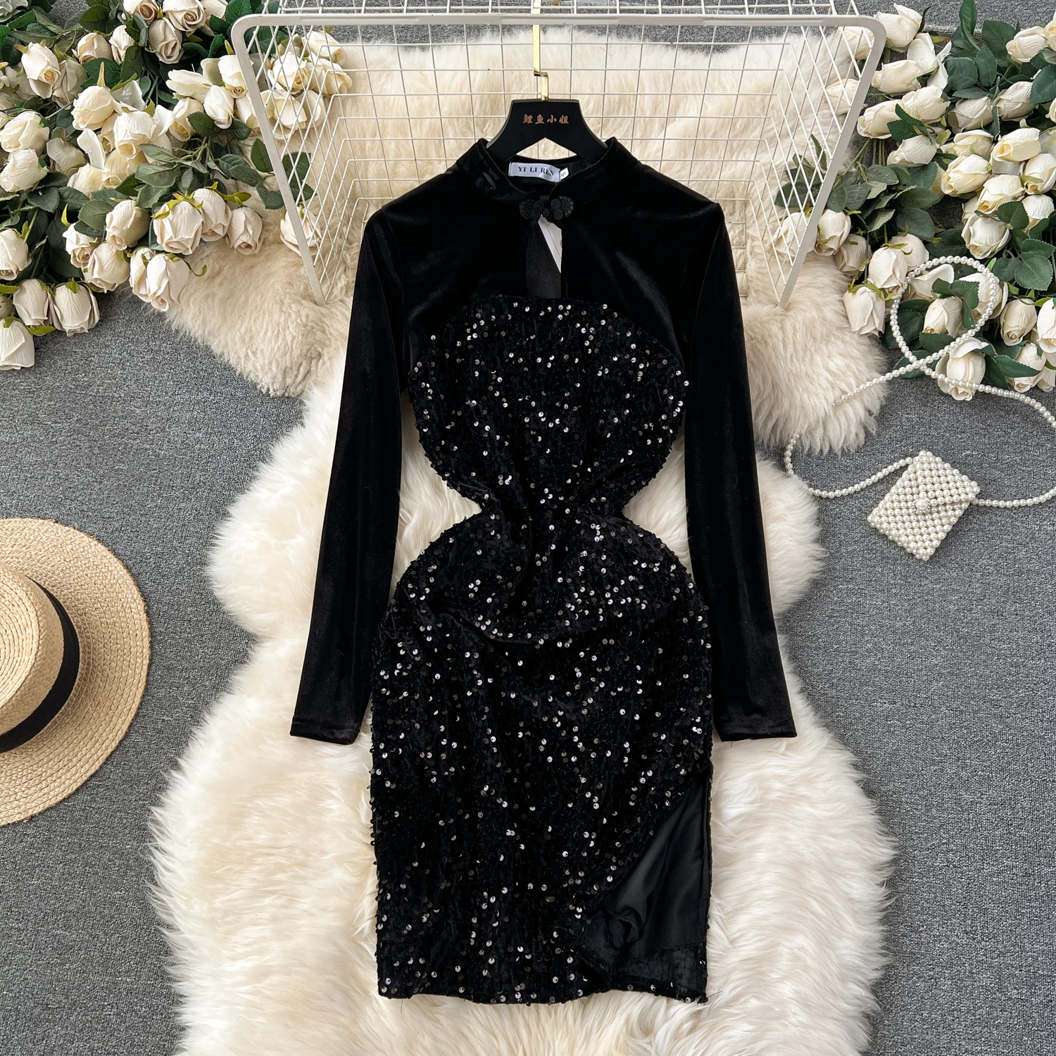 

Women's autumn-winter retro patchwork sequin evening dress high waist slim dress