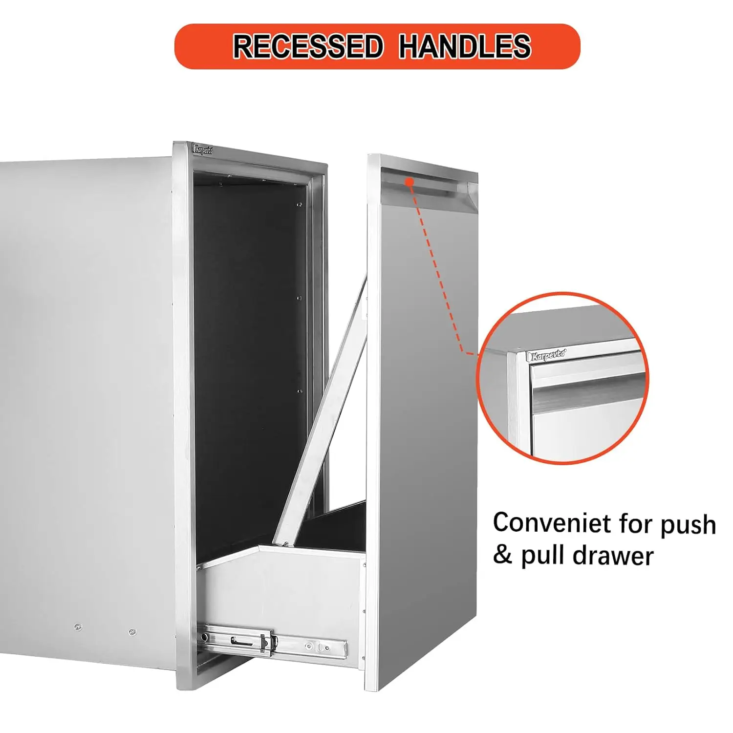 Built-in Outdoor Kitchen Trash Drawer W13.6XH26XD19 Inch Outdoor Kitchen Drawers Stainless Steel Flush Mount Roll Out Trash Draw 5