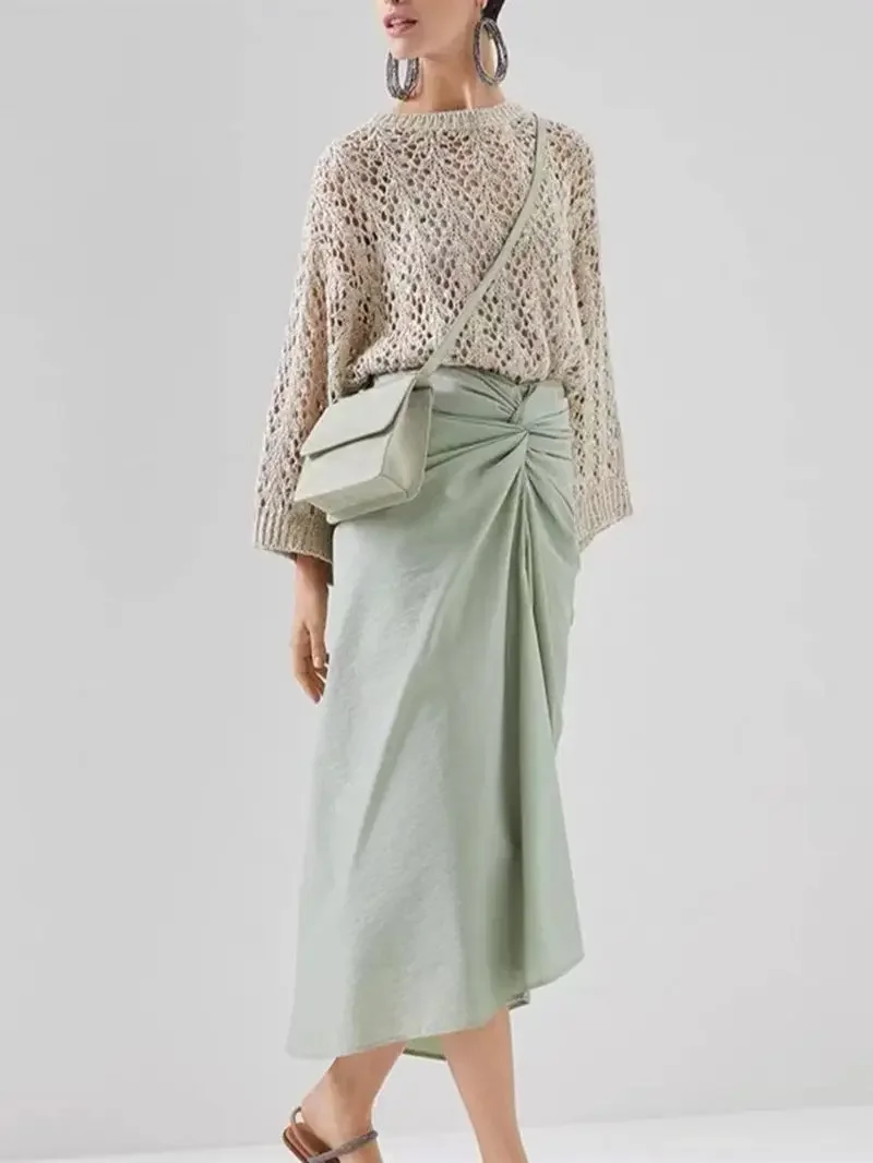 

Women Knitted Pullover Hook Hollow Out Thin Casual Autumn O-Neck Long Sleeve Sweater