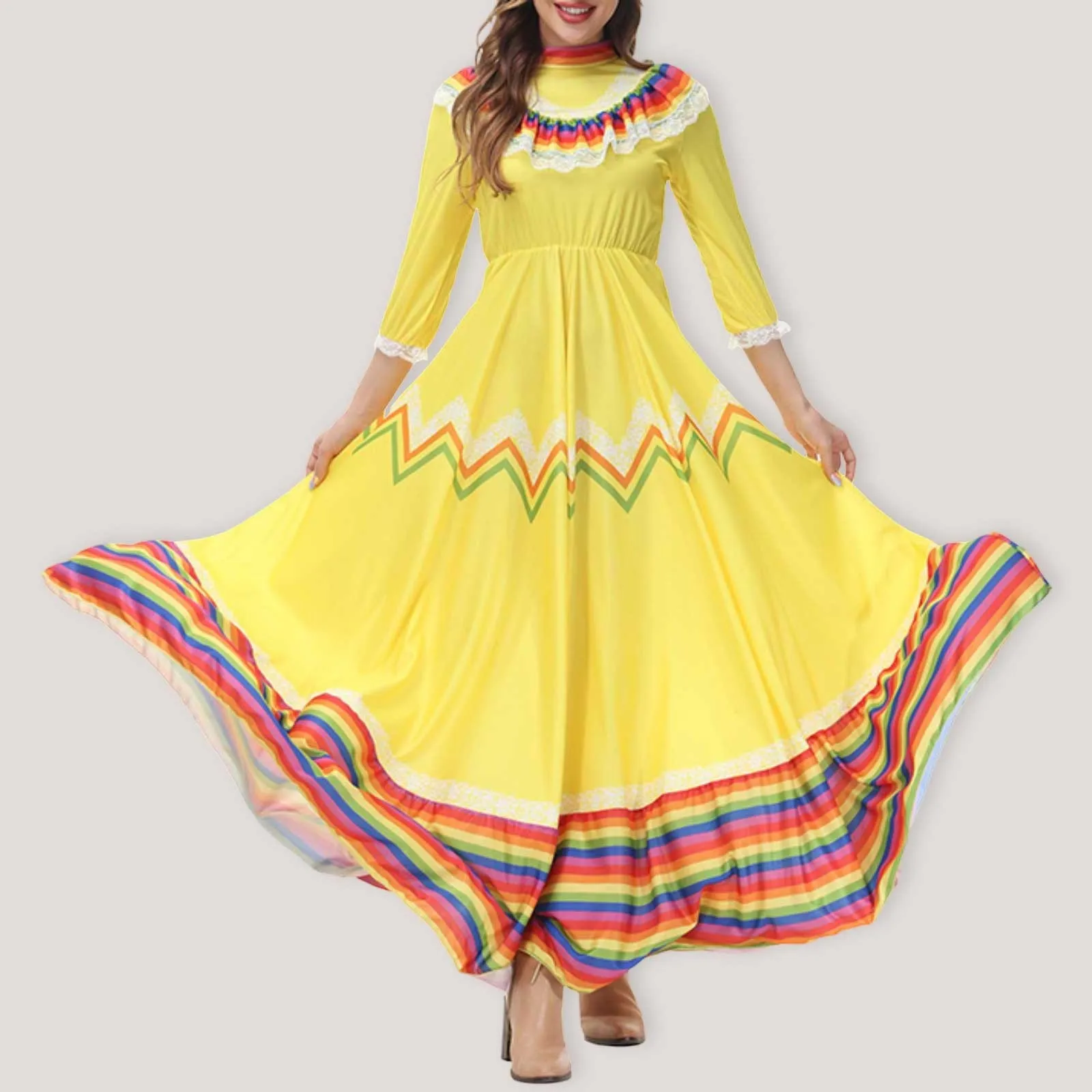 

Ladies Bohemian Casual Dress Mexican Festival Celebration Folk Dancer Dress Long Wide Swing Dresses Women Party Cosplay Costume