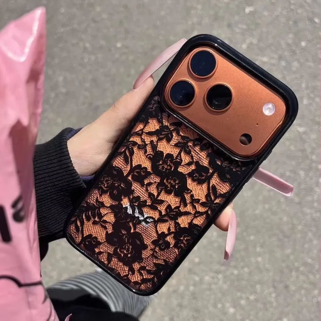 Elegant Black Lace Flower Transparent Phone Case - Korean Inspired Y2K Style