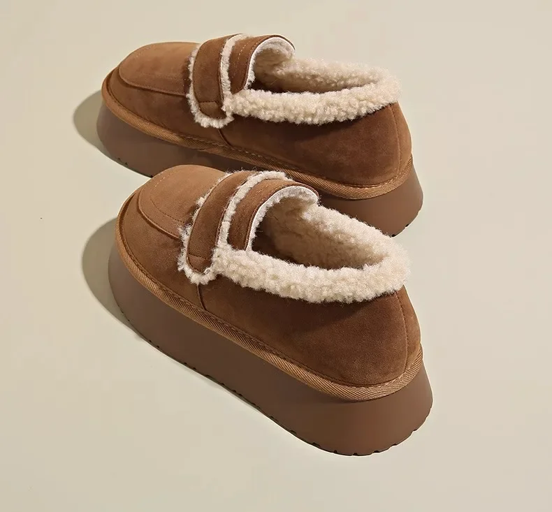 Women's Thick Soled Snow Boots Autumn Winter Plush Boken Shoes Retro Height Increasing Warm Anti Slip Cotton Shoes Loafers