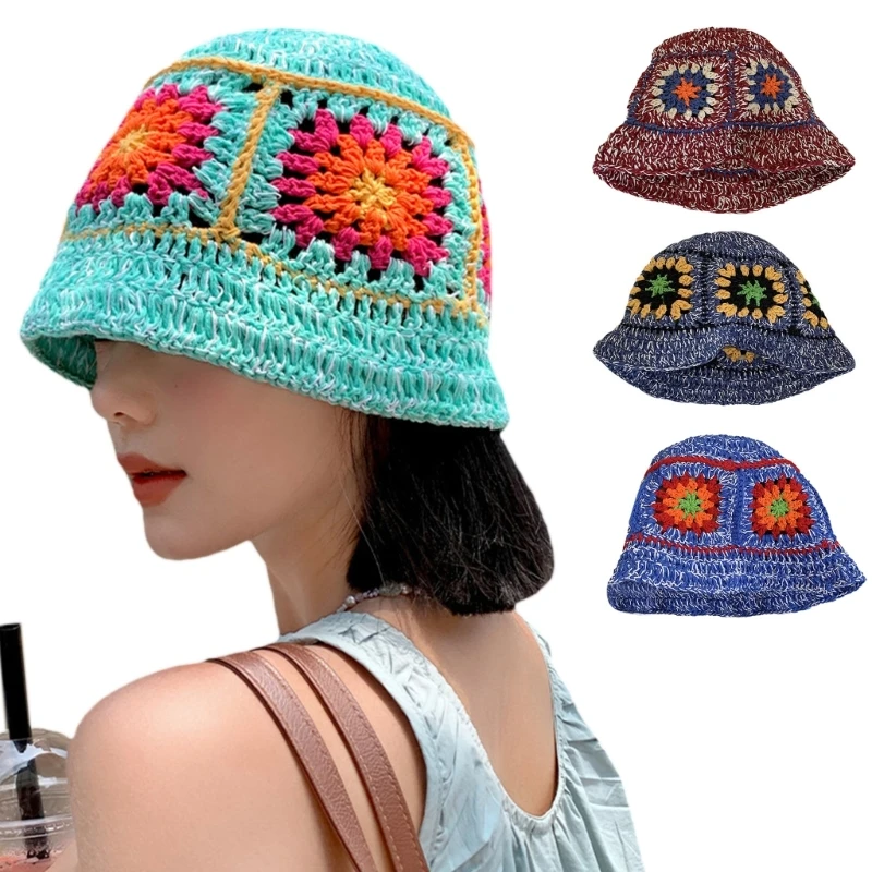 

Sunproof Crochet Flower Bucket Hat Ladies Spring Commute Camping Fisherman Cap with Flower Pattern for Girlfriend