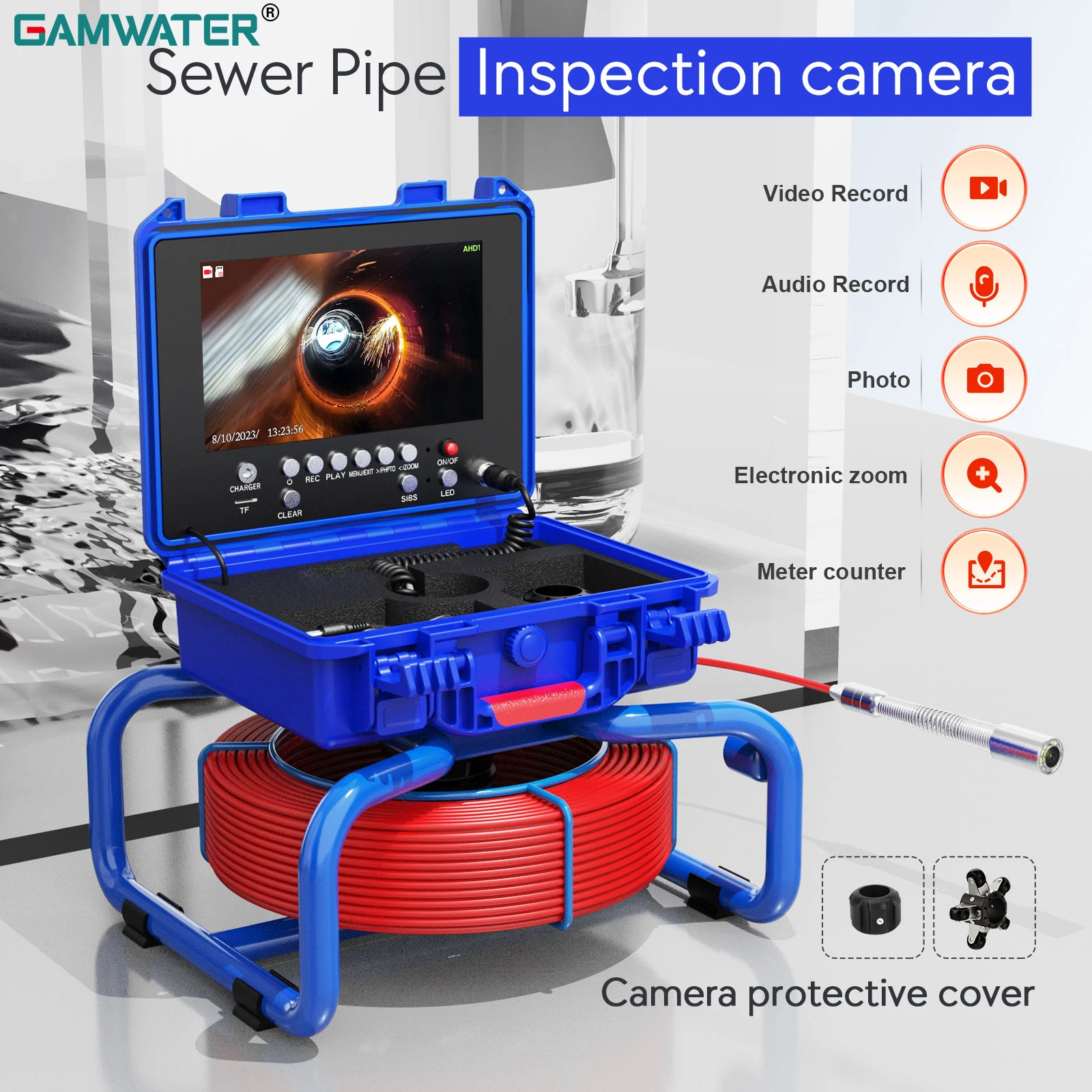 

9'' DVR Sewer Pipe Inspection Camera with Locator 512HZ Meter Counter Self Leveling 1080P Pipeline Drain Industrial Endoscope