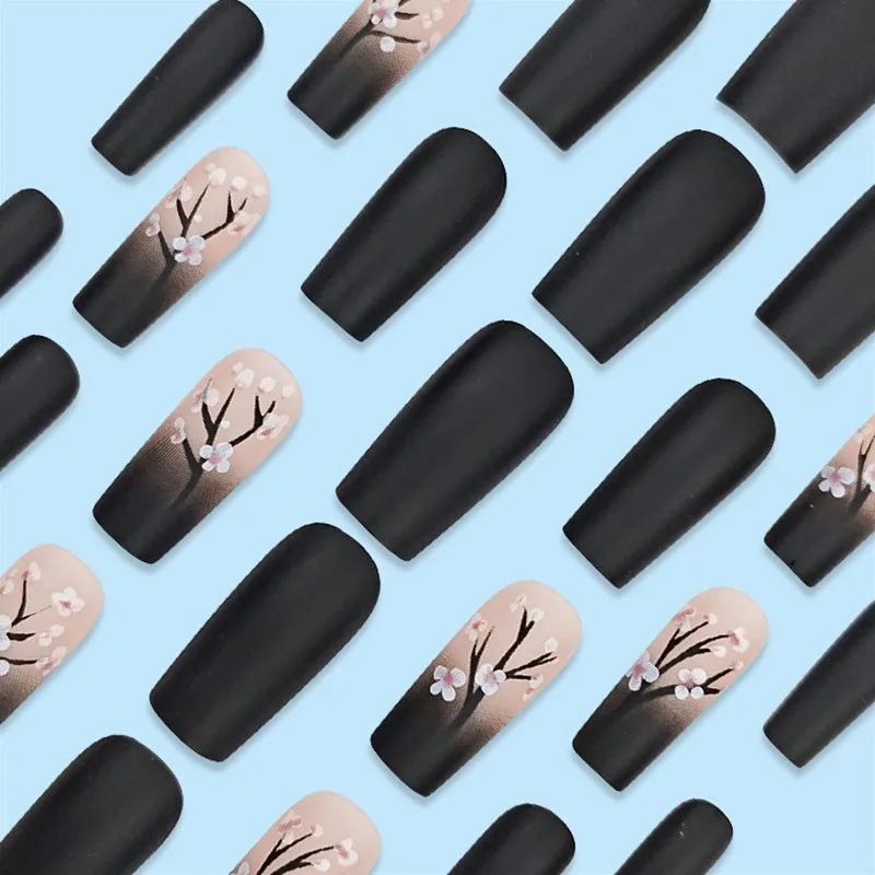 Square Fake Nails Pink Plum Blossom Design