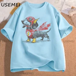 Playful Dachshund Graphic Oversized Tee - Loose Fit Short Sleeve Casual Shirt - S (SKY BLUE)
