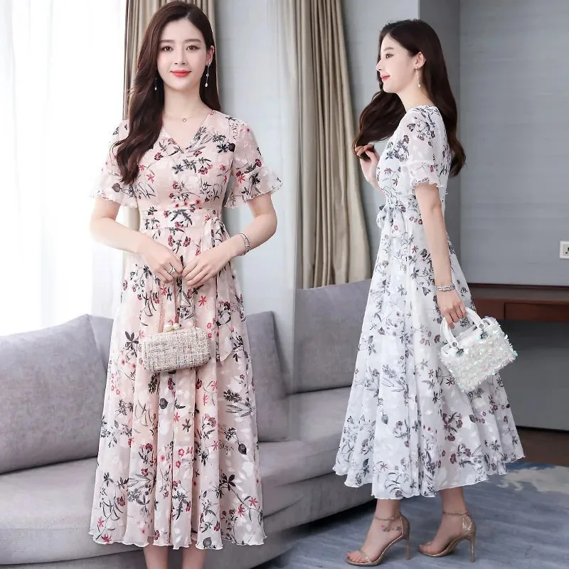 Elegante Abito Midi Floreale da Donna, Nuovo Modello Estivo con Maniche a Campana, Gonna Super Fairy, Vestibilità Slim, Vita Alta, Trendy, Maniche Lunghe, Stile Street - Image 4