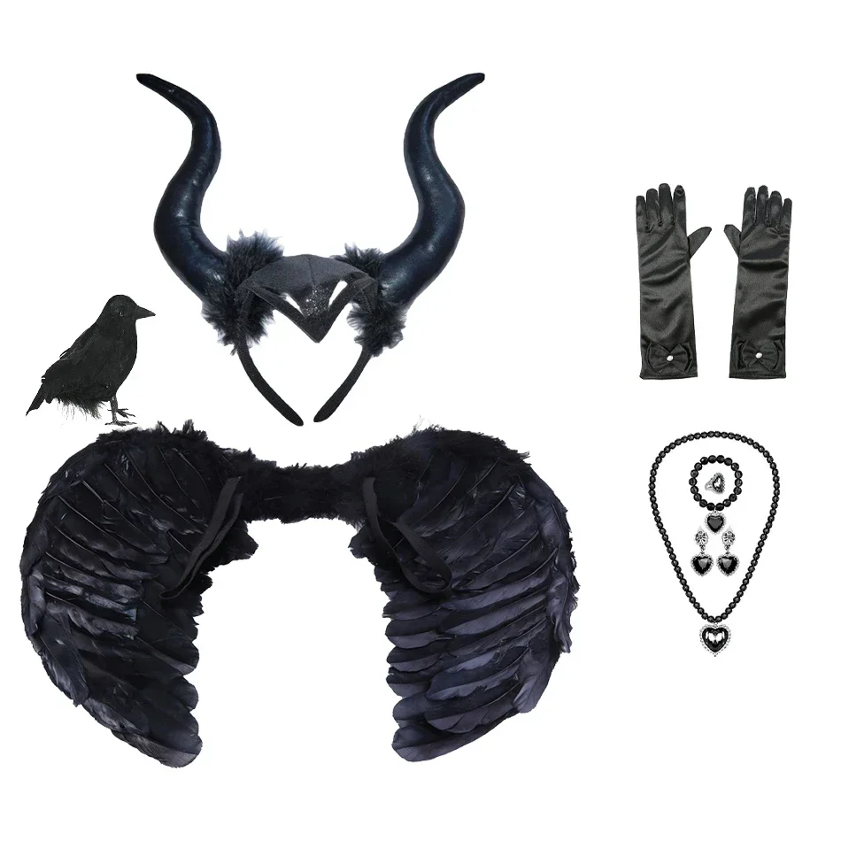 Vintage Wings Black Angel Costume Witch Devil Horns Hair Hoop Set Decorations Feather Black Swan Cosplay Halooween Accessories hair accessories cosplay accessories