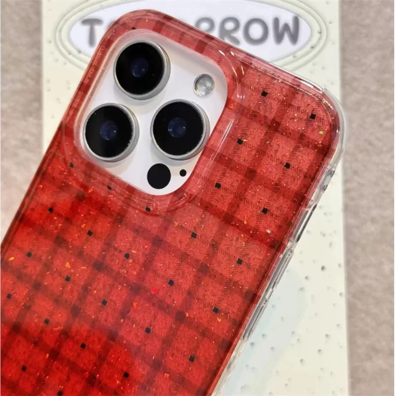 Glitter Semi-Transparent Red Checkered Phone Case with Double-Layer Puppy Holder