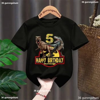 1st/2nd/3rd/4th/5th/6th/7th/8th/9th/10th Happy Birthday Jurassic World Printed Tshirt Girls/Boys Black Dinosaur Kids Clothes 1