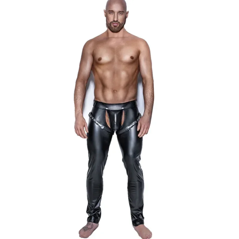 Men Sexy Skinny Faux PU Leather Pants Shiny Black Trousers Nightclub Stage Performance Singers Dancer Open Front Leather Pants