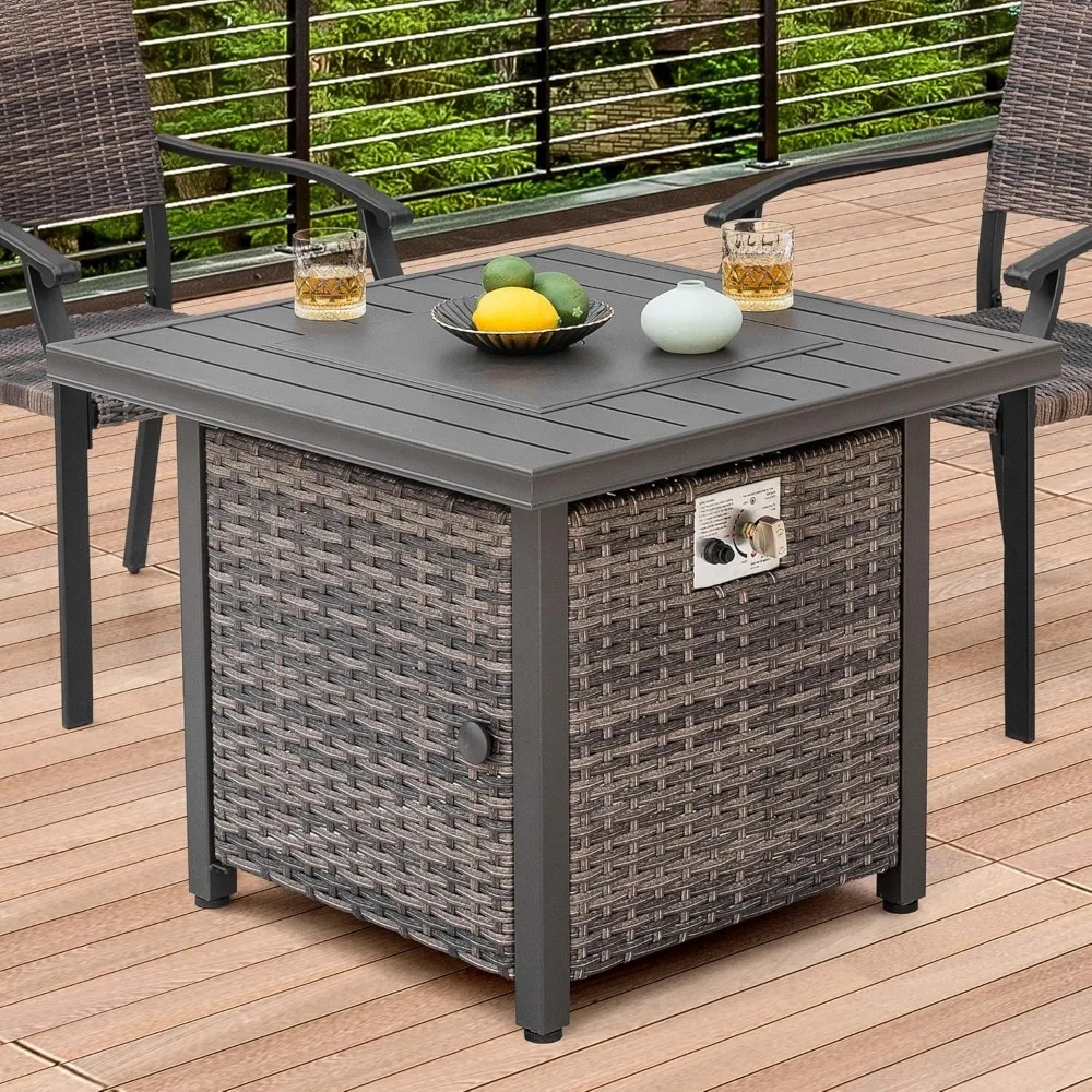 Fire Pit Table Propane Gas 50,000 BTU Garden Outdoor 30", Square Gas Fire Pit Table, Aluminum Tabletop and Hand-Woven Wicker