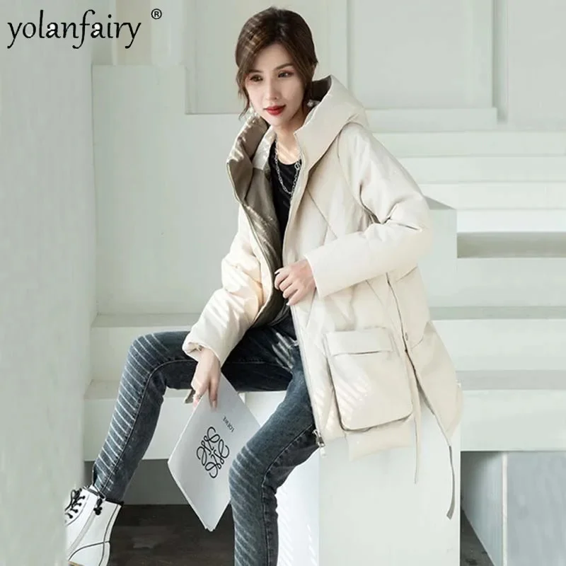 

2023 New Genuine Leather Down Coat Women's Winter Jacket Mid Long Sheepskin Stone Pattern Loose Korean Hooded Trend FCY4776