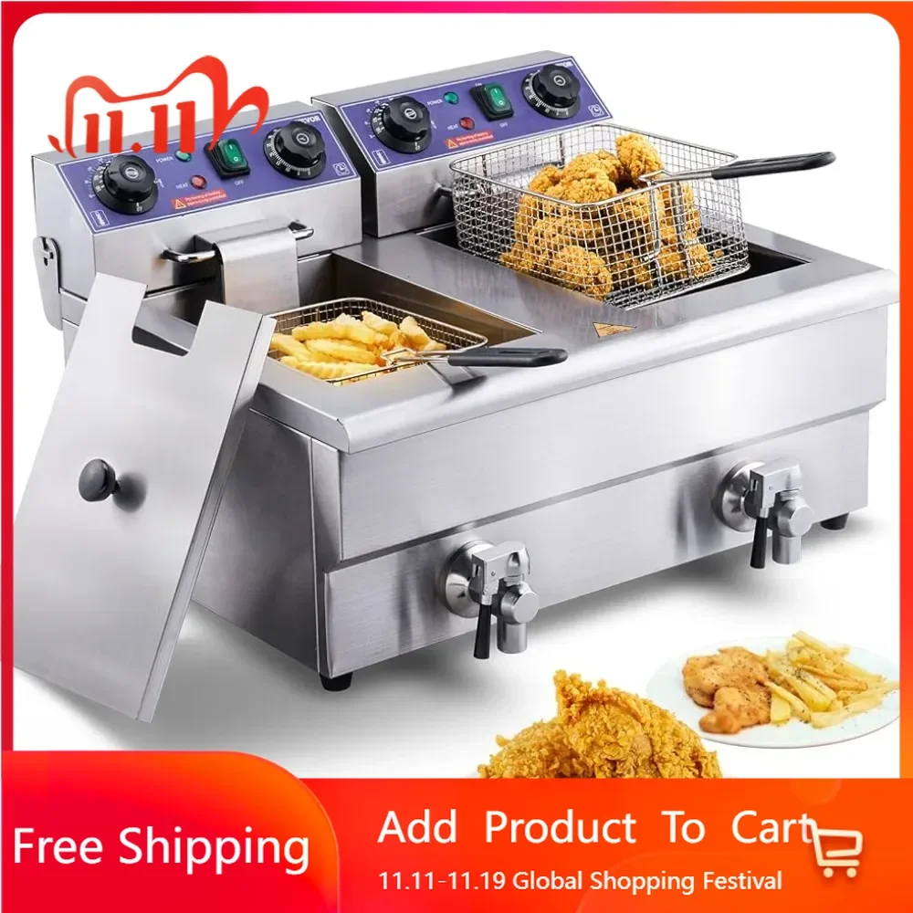 Commercial Electric Deep Fryer, 24L 3000W w/Dual Removable Basket, Stainless Steel Electric Countertop Fryer w/Time Control