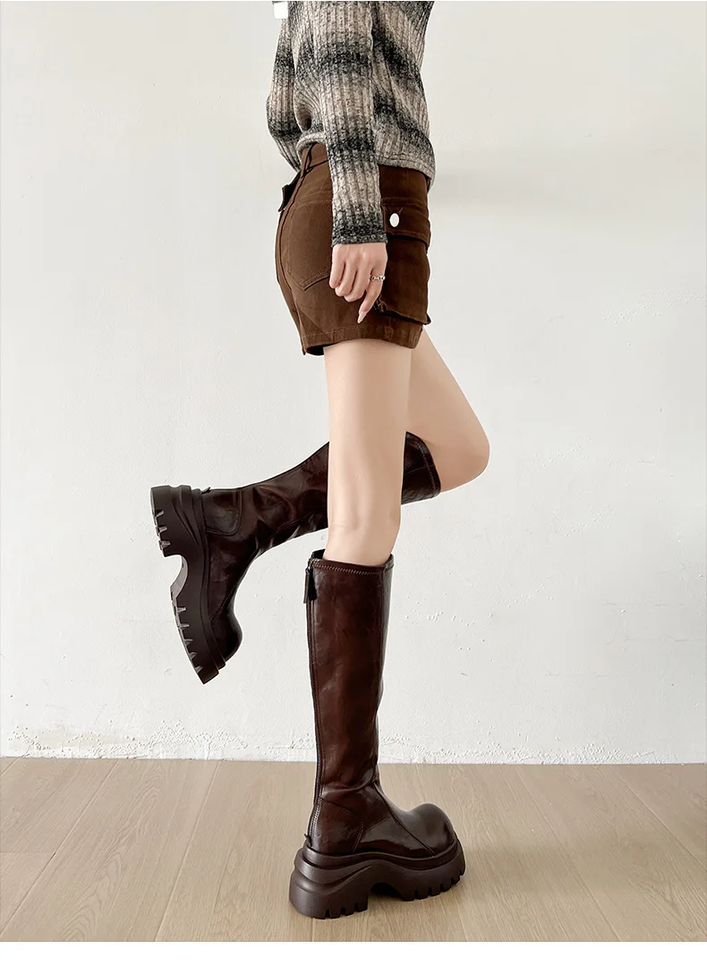 Women's Knee-high Leather Riding Boots With Round Toe And Thick Sole_voghion.com