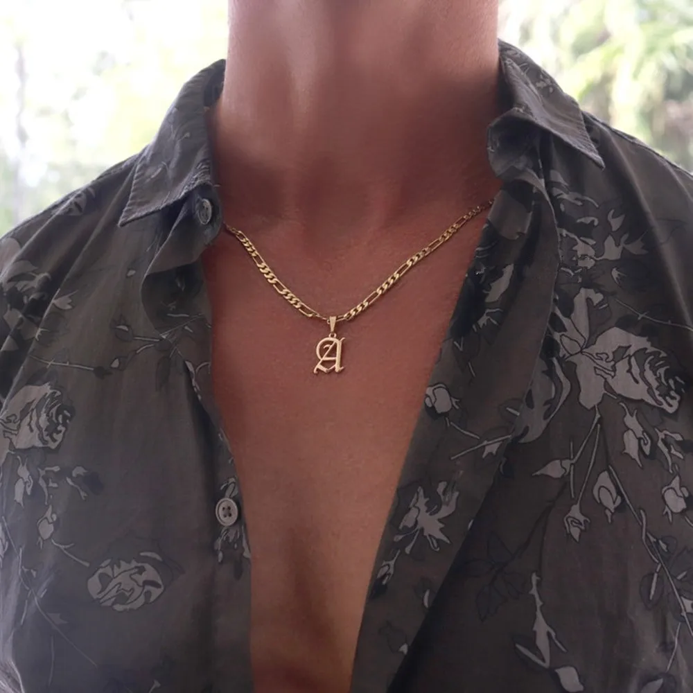 Initial Necklace For Women & Men - 18K Gold Plated Gothic Letter Pendant On Figaro Chain, 22+2"