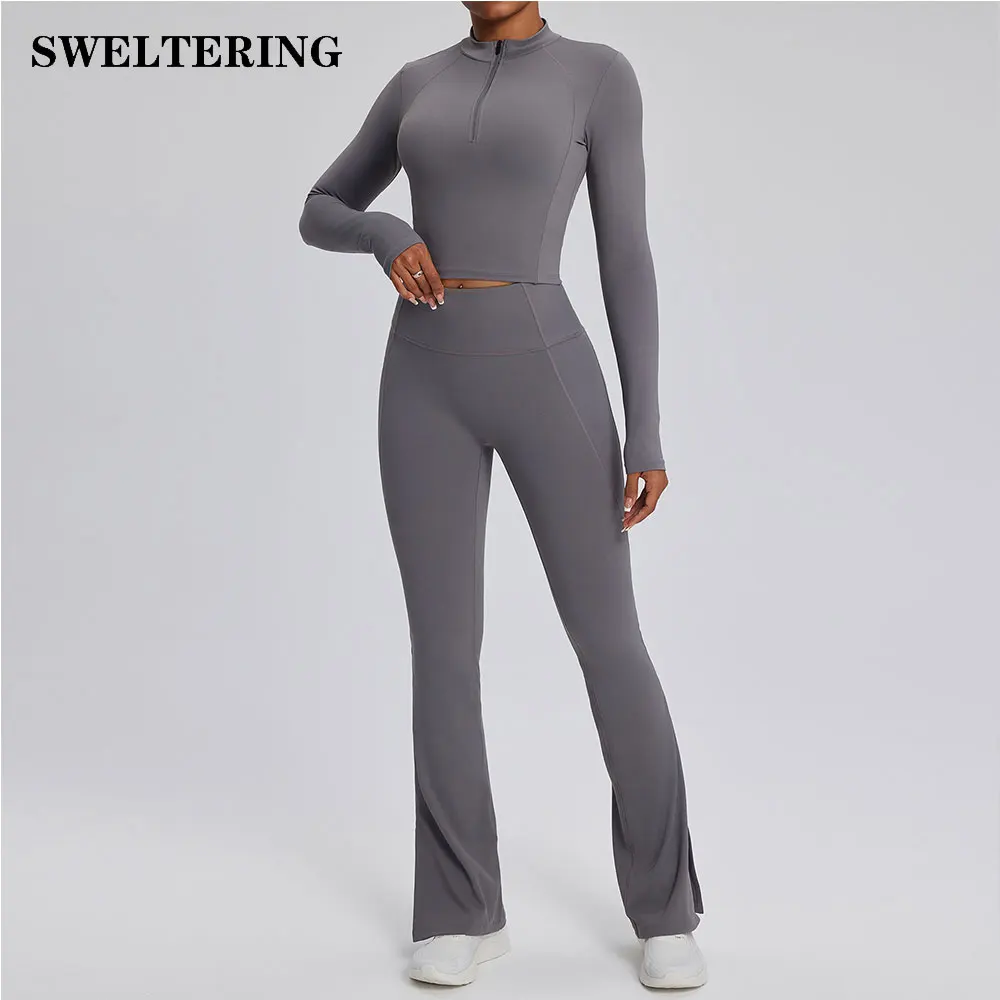 Women's Yoga Suit Tight Fitting Sports Set Workout Breathable Fitness Bra Gym Long Sleeve Crop Top Bell-bottoms Leggings 2pcs sports bra set,gym workout set,yoga pants set,yoga set,fitness set,sportswear set,sports set