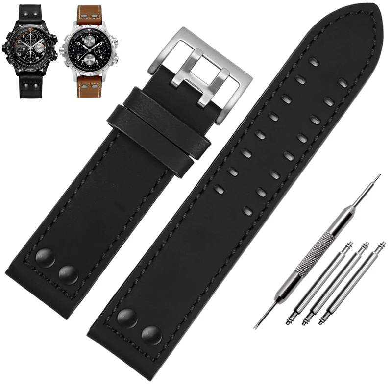 thumbnail image 1 of Correa de cuero genuina para reloj Hamilton H760250 H77616533, pulsera de cuero con remaches para piloto militar, pulsera de aviación de 20 y 22 mm para hombre, 1 of 5
