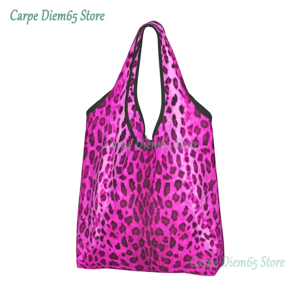 

Kawaii Pink Leopard Shopping Tote Bag Portable Animal Skin Print Grocery Shopper Shoulder Bag