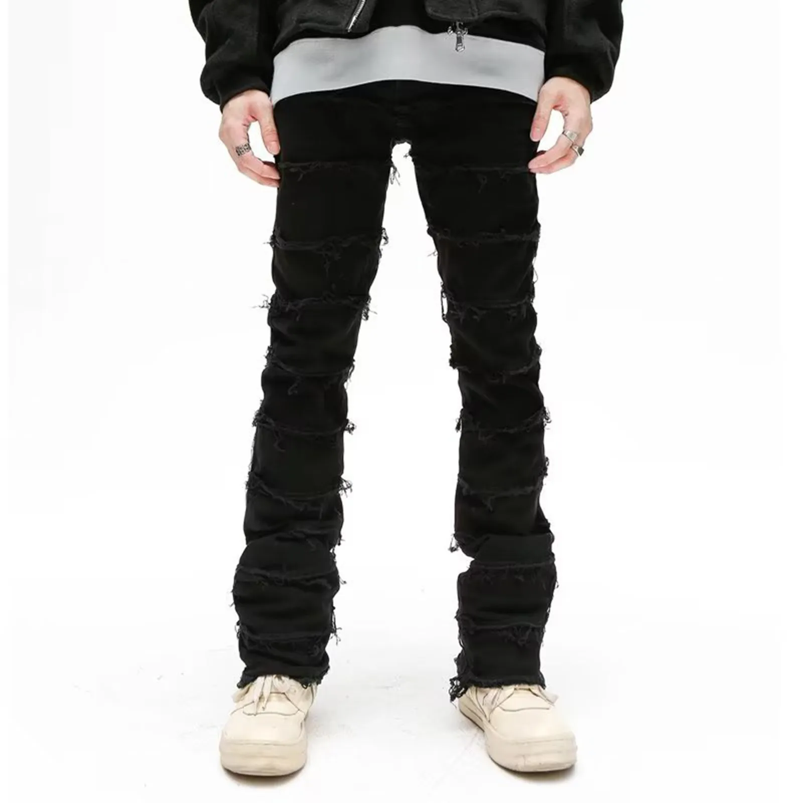 

Harajuku Hip Hop Streetwear Striped Tassel Frayed Straight Baggy Jeans Pencil Pants Male High Street Retro Casual Denim Trousers