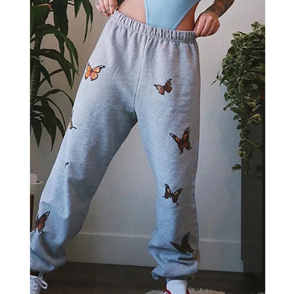 Women Fashion Butterfly Printed Pants High Waist Sports Running Cargo Pants Casual Streetwear Trousers Grey Sweatpant Long Pants