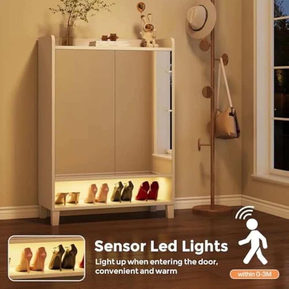 Shoe Cabinet with Mirrored Door, 7-Tier Shoe Storage Cabinet for Entryway, Freestanding Shoe Rack Cabinet with LED Light and Adj 5