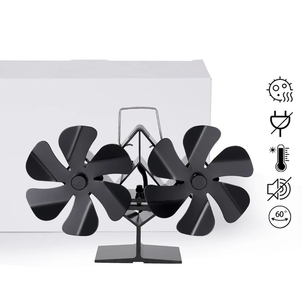 12 Blades Heat Powered Stove Fan Double-Head Log Wood Burner Stands Fireplace Fan Quiet Home Heater Efficient Heat Distribution