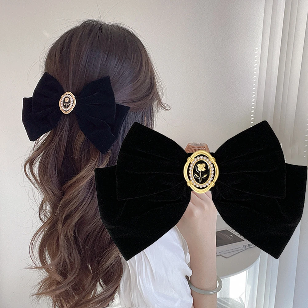 

New Women Large Bow Hairpin Vintage Pearl Flower Big Bowknot Ribbon Barrettes Women Solid Color Ponytail Clip Hair Accessories