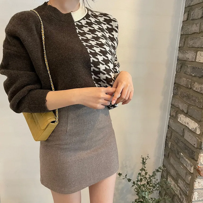 short sleeve cardigan Croysier Autumn Winter Crew Neck Long Sleeve Knitted Sweater Pullover 2021 Fashion Women Houndstooth Patchwork Sweaters Jumper sweater for women