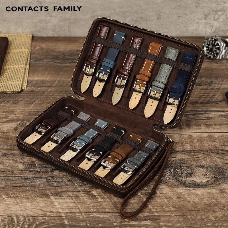 

Leather Watch Band Storage Display Box Organizer Luxury Retro Casket 12 Slot Strap Watch Bracelet Travel Case Square Zipper Bag