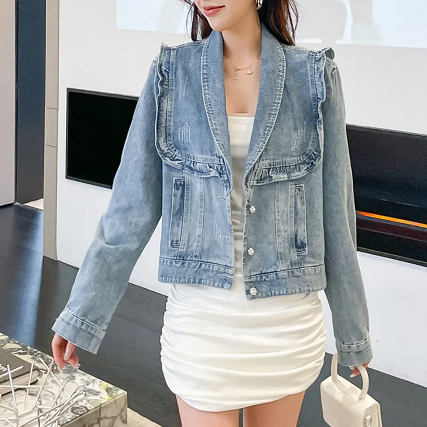 

Korean Fashion Designer Denim Jacket Women Ruffle Jeans Jackets Outwear High Quality Coat Chaqueta Mujer