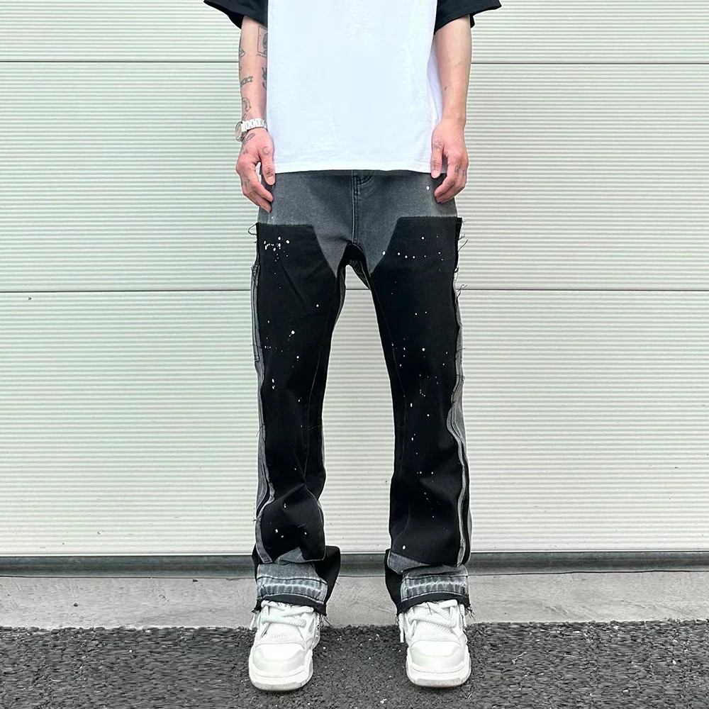 

2023 Graffiti Black Flared Denim Pants Mens Vintage Hip Hop Patches Splashed Ink Wide Leg Jeans Y2k pantolon vintage