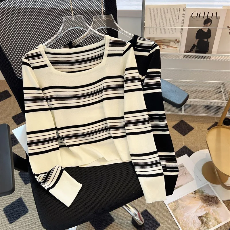 

Женский вязаный свитер в полоску, свободная универсальная короткая футболка с французским квадратным воротником и длинным рукавом, большие размеры, Новинка осени 2023