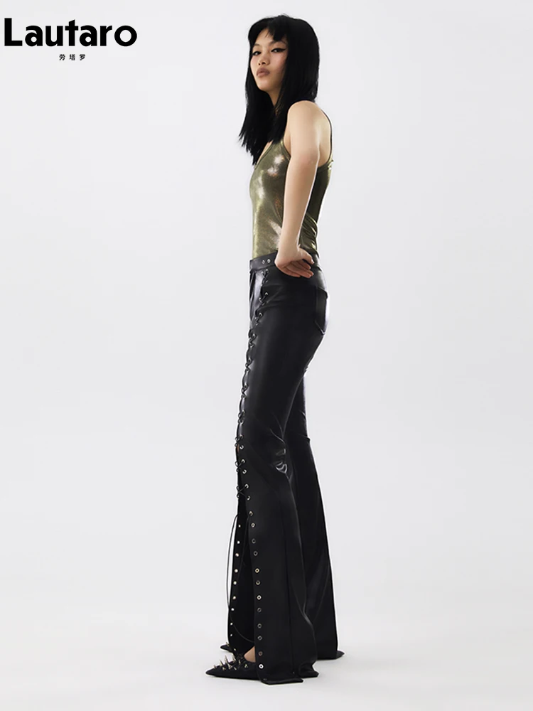 Flared Trousers Lace Up Leather Biker Jeans Bell Bottom Lace Up