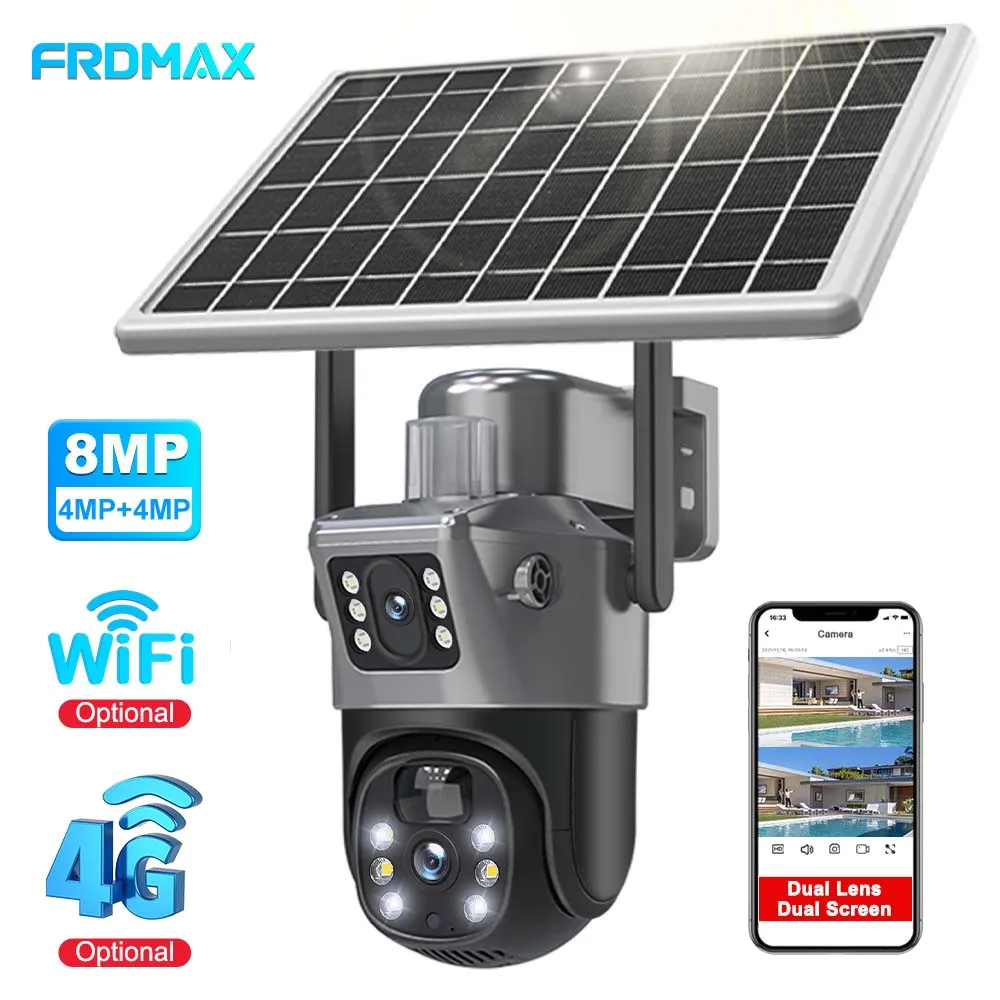 4K 8MP Dual Lens Solar Camera Outdoor Security WiFi Surveillance Cameras With Solar Panel Human Detection 4G SIM PTZ CCTV Camera