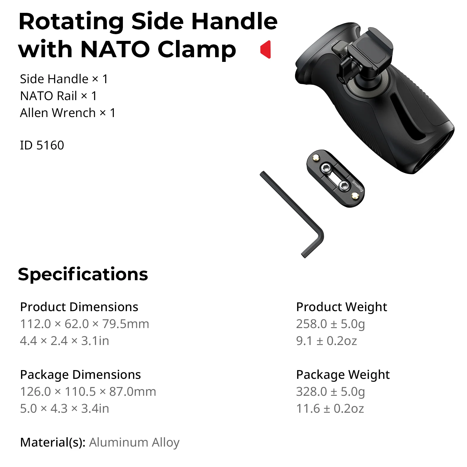Rotating NATO Side Handle w NATO Clamp, 360° Adjustment Handgrip for DLSR Camera