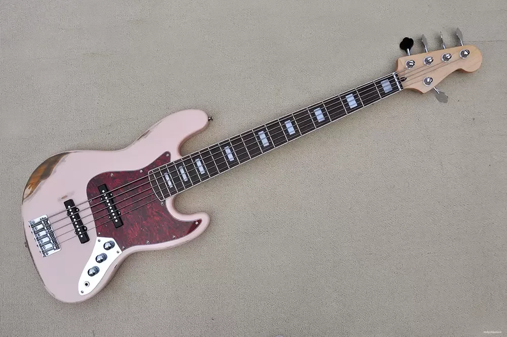 PinkVintage5stringsElectricBassGuitarwithMapleneckChrome