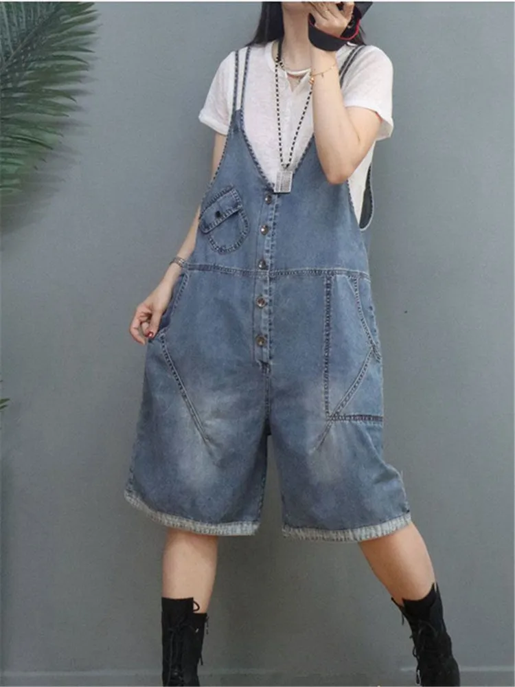 

Loose Big Size Wide Leg Denim Overalls For Women Casual Oversized Summer Short Jumpsuits Baggy Bib Pants Straps Jeans Dungarees