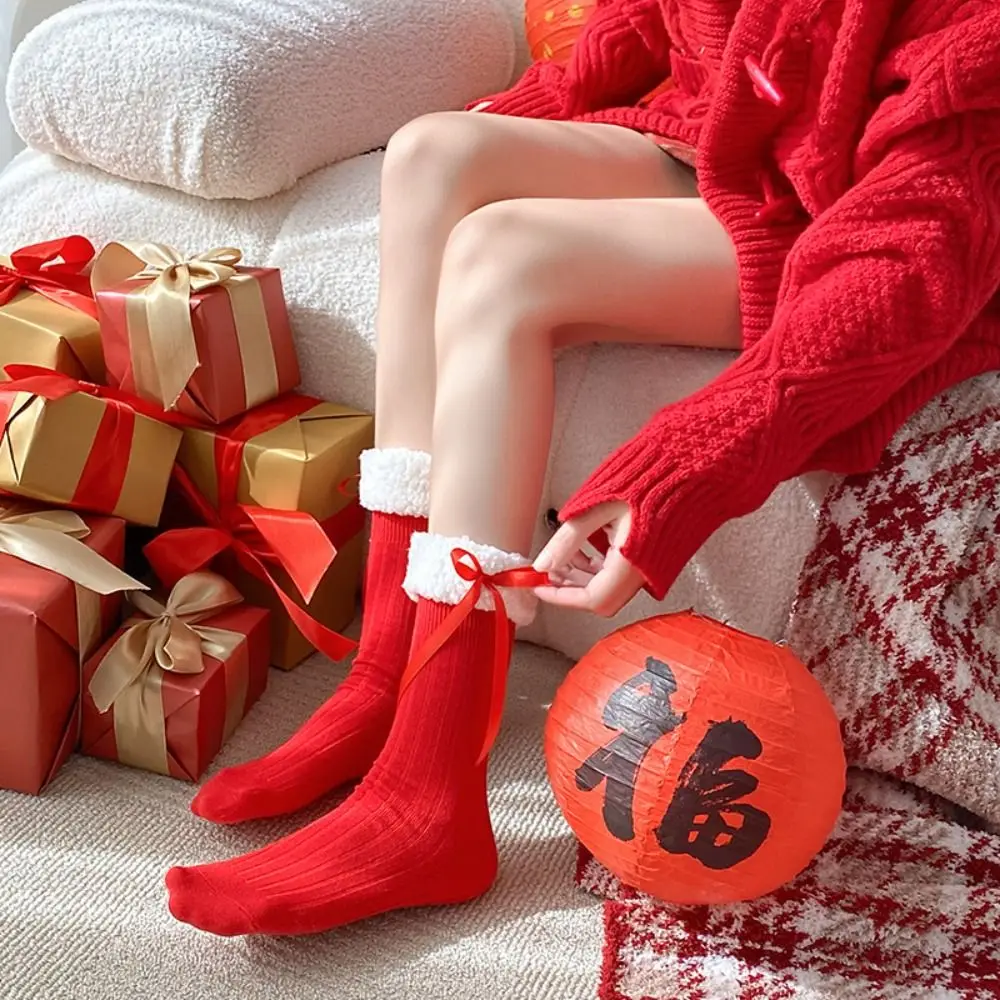 Casual Female Hosiery New Year Red Socks Cotton Thicken Children Red Socks Bow Floor Socks Middle Tube Socks For Girl