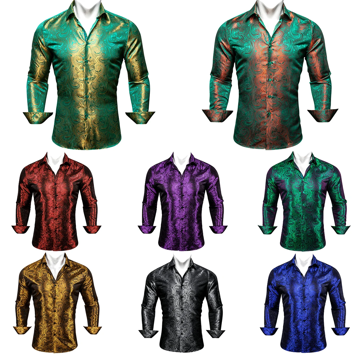 

Luxury Silk Men Shirts Red Blue Green Purple Gold Black Regular Slim Fit Embroidered Printed Paisley Casual Long Sleeve Blouse