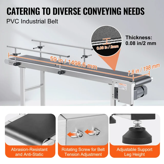 VEVOR PVC Belt Conveyor Table Double Guardrail Stainless Steel Motorized Adjustable Speed for Factory Inkjet Coding Powered 3