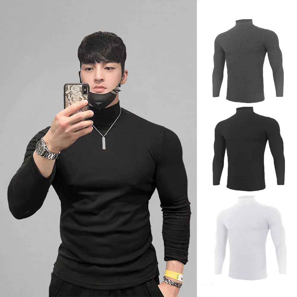 Muscle Brothers Herbst Winter High Neck Langarm Strumpfhosen Männer Training Einfarbig T-shirt Sport Mode Marke Fitness Kleidung