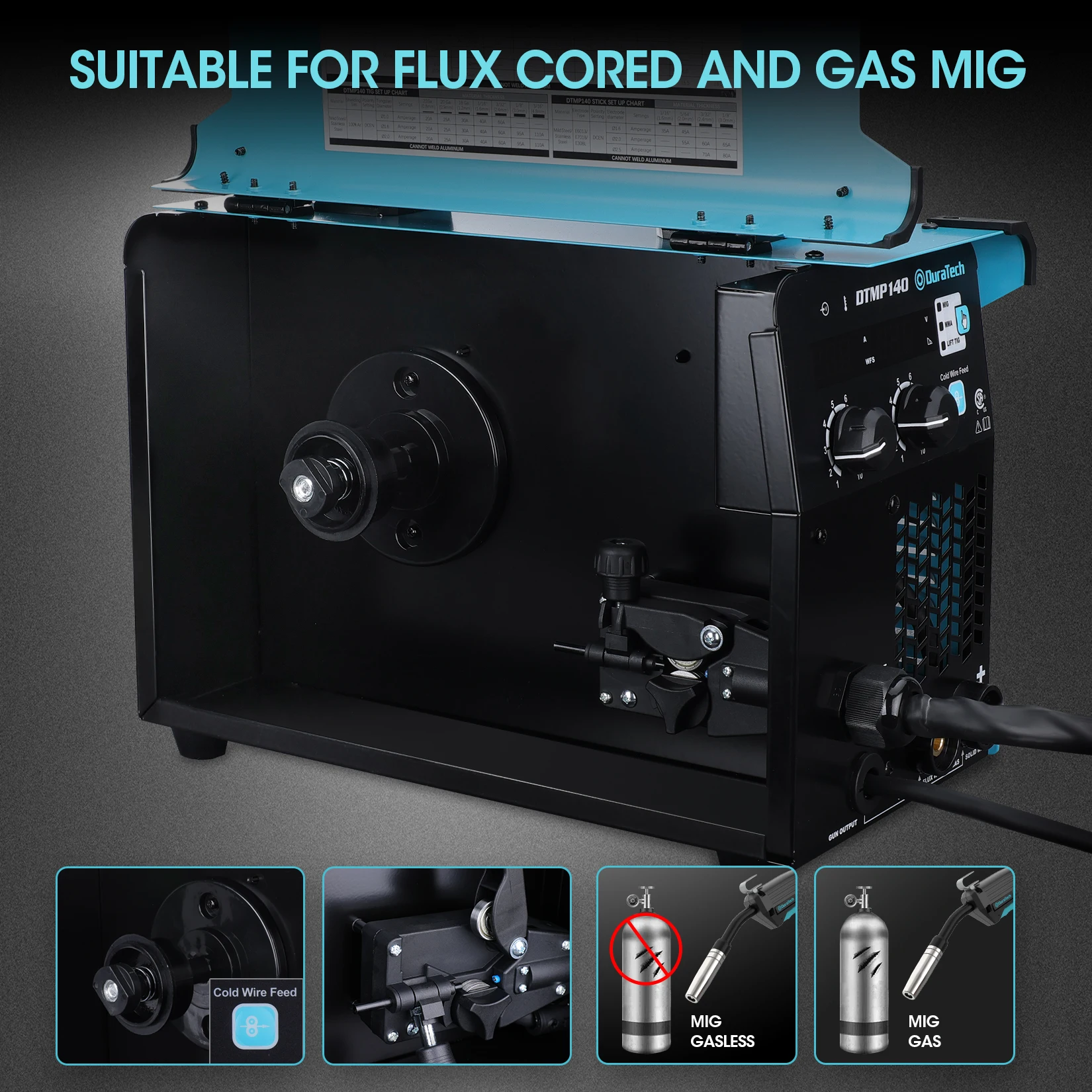 DURATECH 140Amp MIG Welder 120V Welding Machine Flux Core Gasless/Solid Core Gas Shielded/TIG/Stick 4-in-1 Welder Suitable