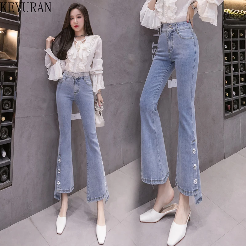 

2022 Spring Pearls Beading Split Flare Jeans Women's High Waist Elastic Oversize Denim Pants Woman Pantalones Vaqueros Mujer