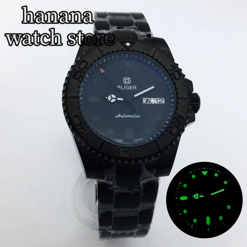 

NH36A Automatic Watch for Men BLIGER 40mmPVD Case Bracelet AR Blue coated Glass Black Dial Auto Date Week Display Diving Watch