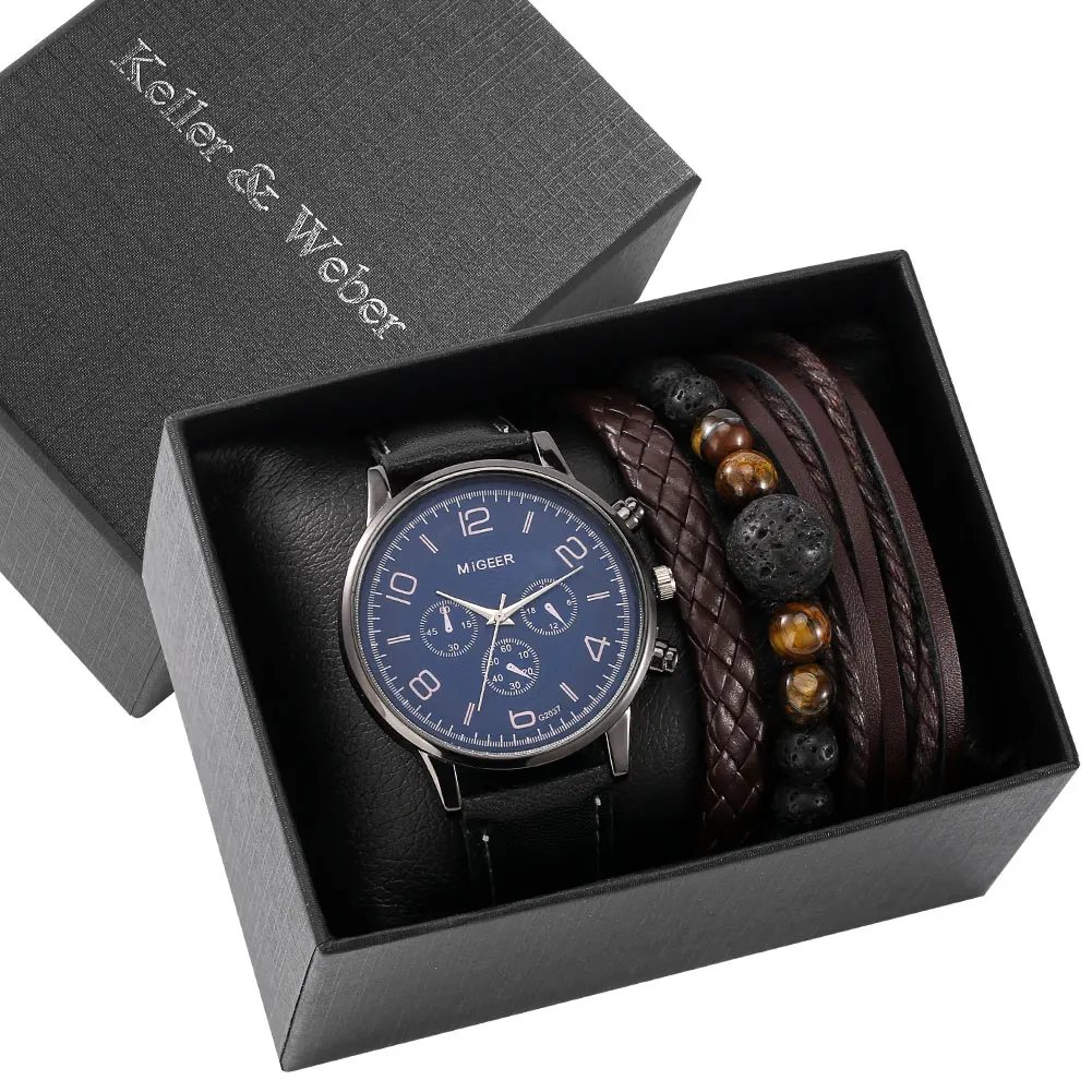Watch Bracelet Set Men Fashion Blue Quartz Watch Face Leather Strap Brown Woven Bracelets Wedding Anniversary Gifts for Husband