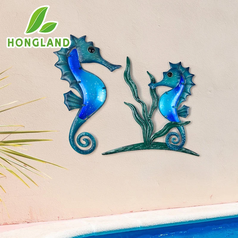 

Metal Seahorse Wall Decoration Glass Ocean Wall Art Blue Beach Theme Decoration Seahorse Couple Sculpture for Courtyard Room
