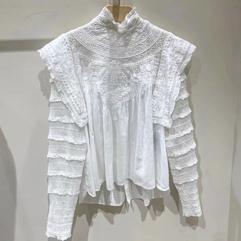 

100%Cotton Blouses Shirts 2023 Spring Summer Clothing Ladies Lace Embroidery Patchwork Long Sleeve Elegant White Tops Blusas