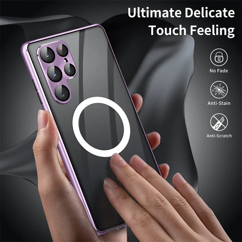 For Samsung Galaxy S23 S24 S22 Ultra Case Magnetic Magsafe 360 Full Screen Glass Metal Aluminum Alloy Frosted Protection Cover
